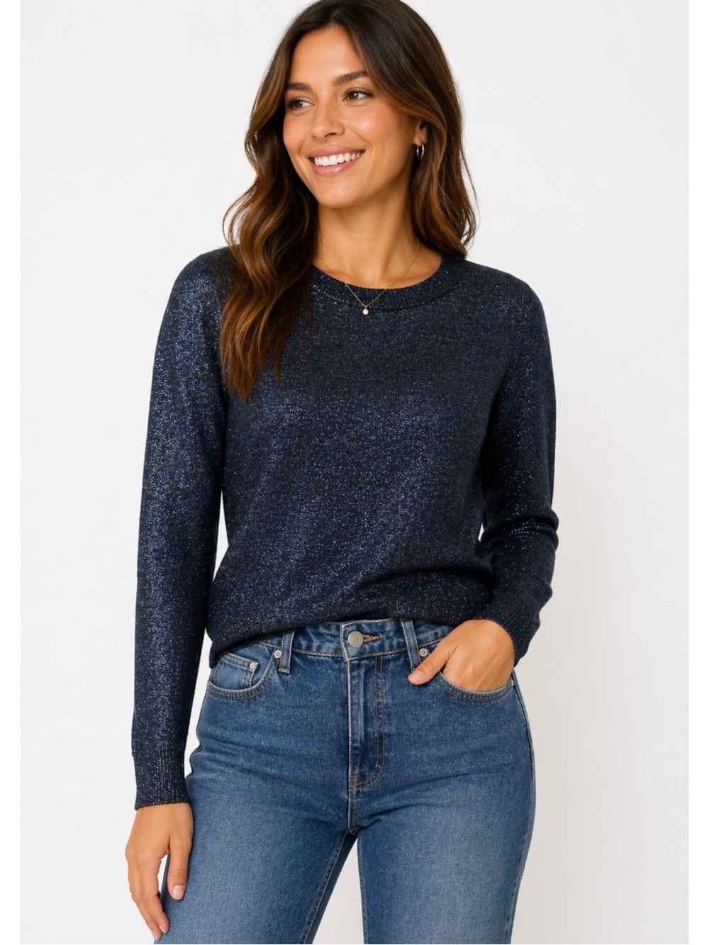 A.P.C. | Metallic Blue Black Lightweight Ribbed Trim Long Sleeve Sweater Small